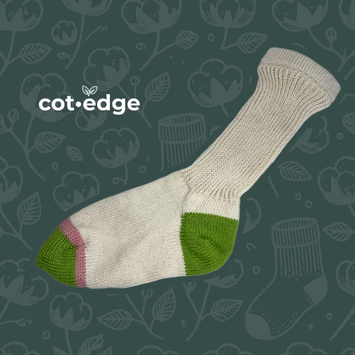 Women's 100% Cotton Crew Socks Natural Color with Green Heel and Toe