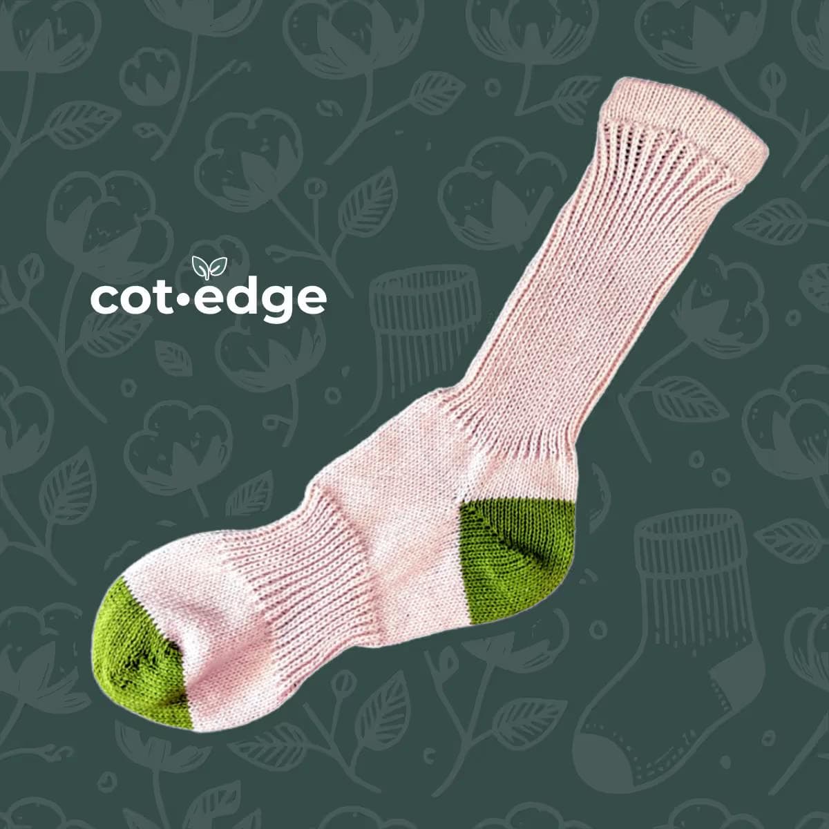 Men's 100% Cotton Regular Crew Socks Natural Color with Green Heel and Toe