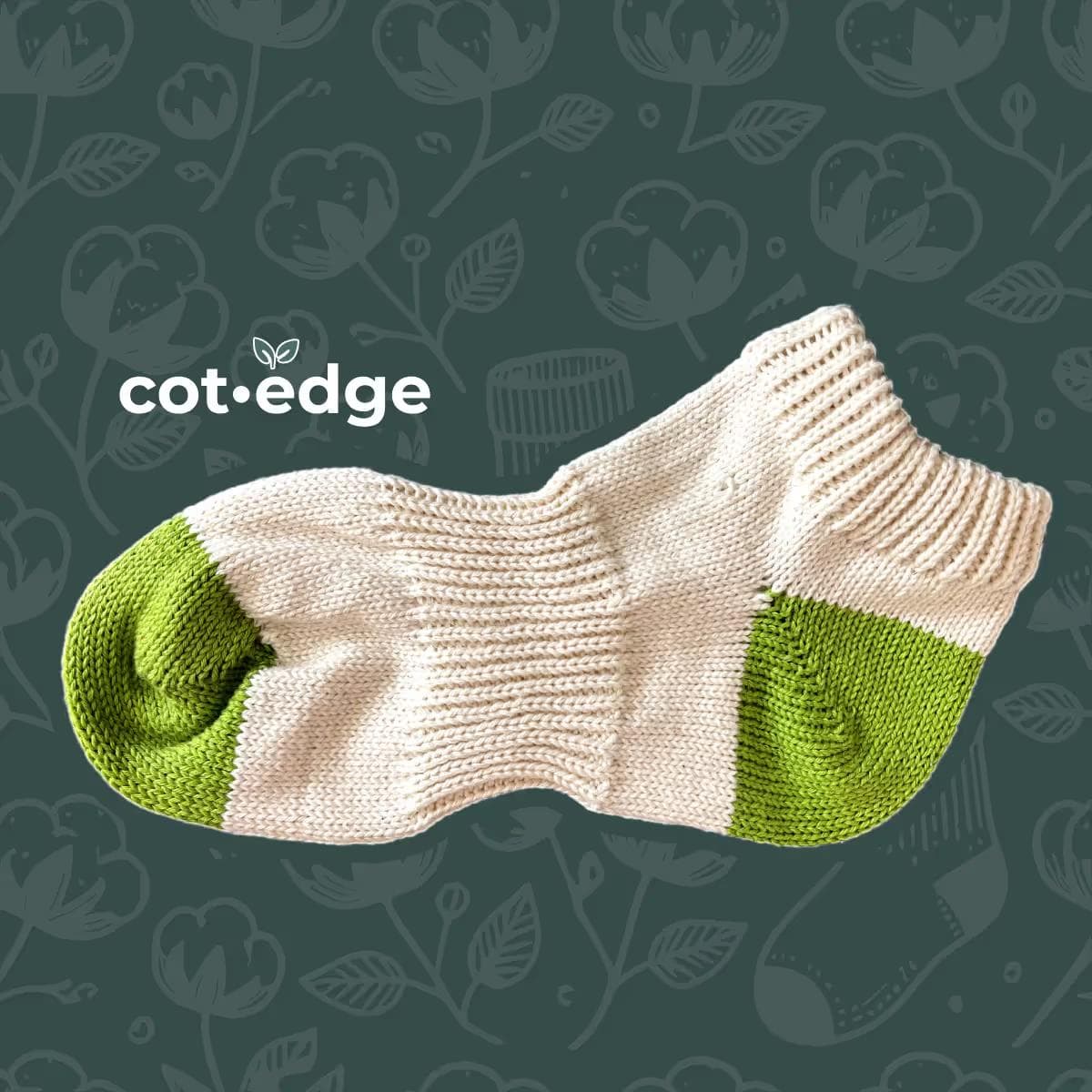 Men's 100% Cotton Sport Ankle Socks Natural Color with Green Heel and Toe