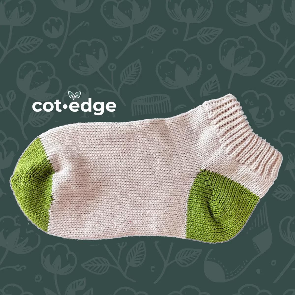 Men's 100% Cotton Regular Ankle Socks Natural Color with Green Heel and Toe